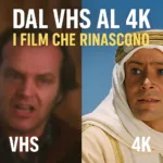 Schermo diviso tra unÃ¢â‚¬â„¢immagine sfocata in VHS e una nitida in 4K con titoli di film famosi
