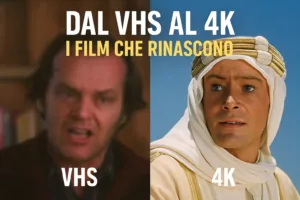 Schermo diviso tra unÃ¢â‚¬â„¢immagine sfocata in VHS e una nitida in 4K con titoli di film famosi