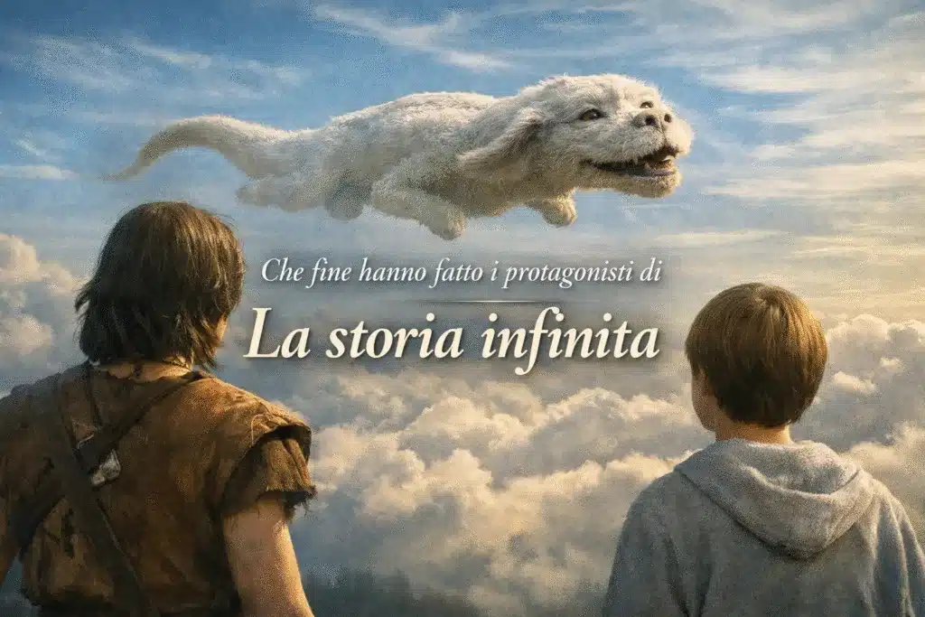 Scena evocativa ispirata al film La storia infinita con Falkor che vola nel cielo e i protagonisti osservati di spalle