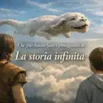 Scena evocativa ispirata al film La storia infinita con Falkor che vola nel cielo e i protagonisti osservati di spalle