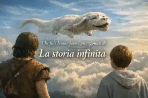 Scena evocativa ispirata al film La storia infinita con Falkor che vola nel cielo e i protagonisti osservati di spalle